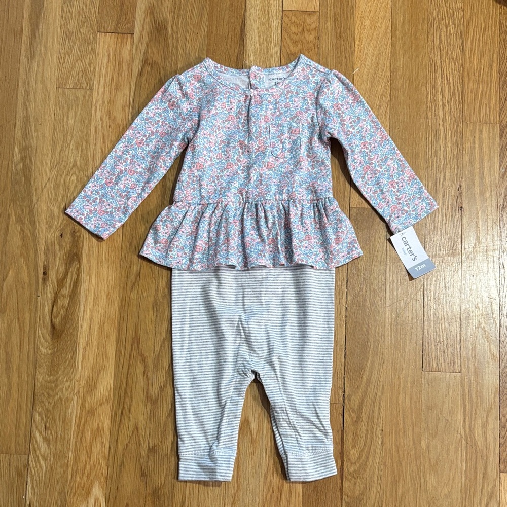 Carter's Pink Floral Top and Gray Striped Pants Set One Piece 12m